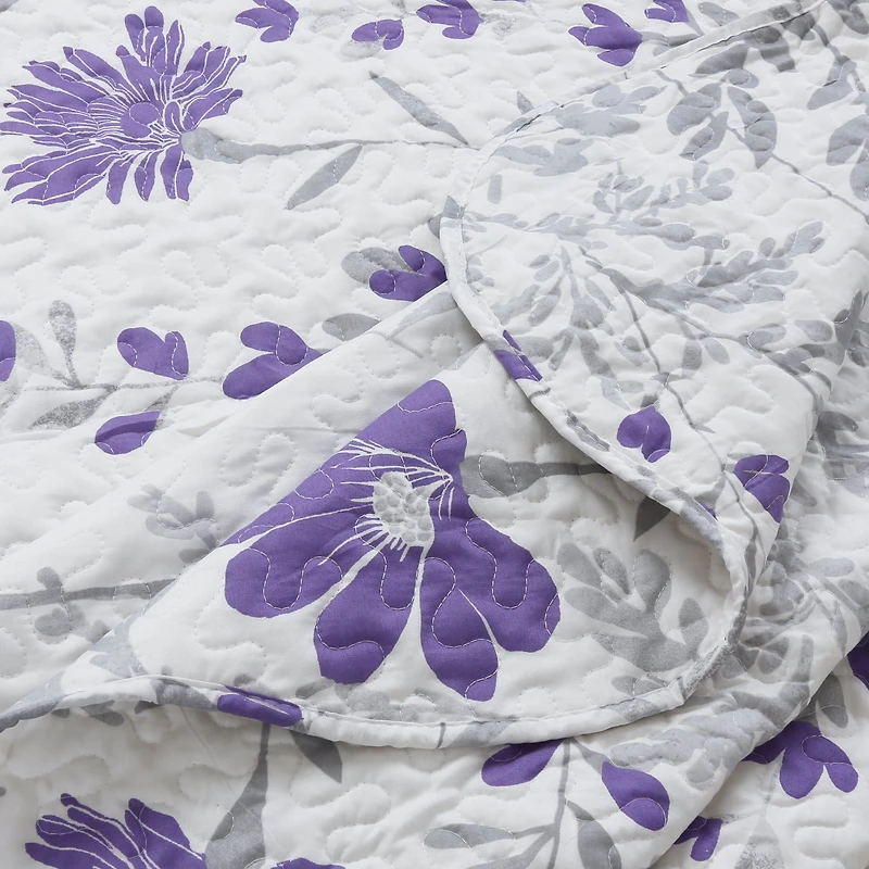Marina Decoration Rich Printed Stitching Coverlet Bedspread Ultra Soft Summer Bedding Quilt Set with Quilted Sham, Modern Purple Floral Pattern