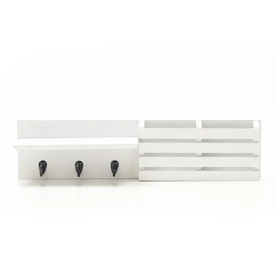 Kiera Grace Sydney Wall Shelf and Mail Holder with Three Hooks, 24"L x 4.5"D X 6"H, White