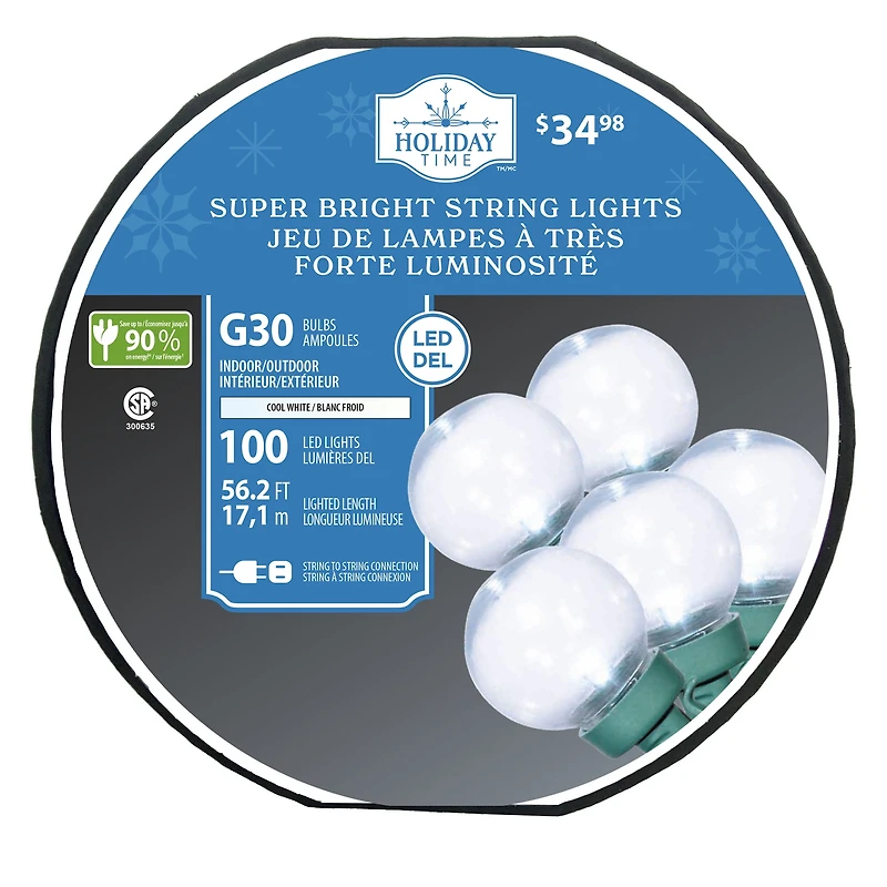 Holiday Time 100-Count Cool White LED Super Bright G30 Christmas Lights, with Green Wire, 56.2', 8"(20.3 cm) bulb spacing