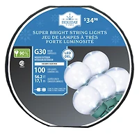 Holiday Time 100-Count Cool White LED Super Bright G30 Christmas Lights, with Green Wire, 56.2', 8"(20.3 cm) bulb spacing