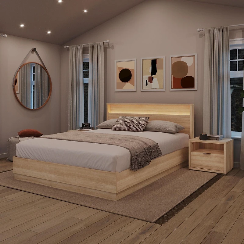 Harlow 4 Piece Queen Size Bedroom Set with Slatted Bedframe, Headboard with Integrated Light, 2 Nightstands