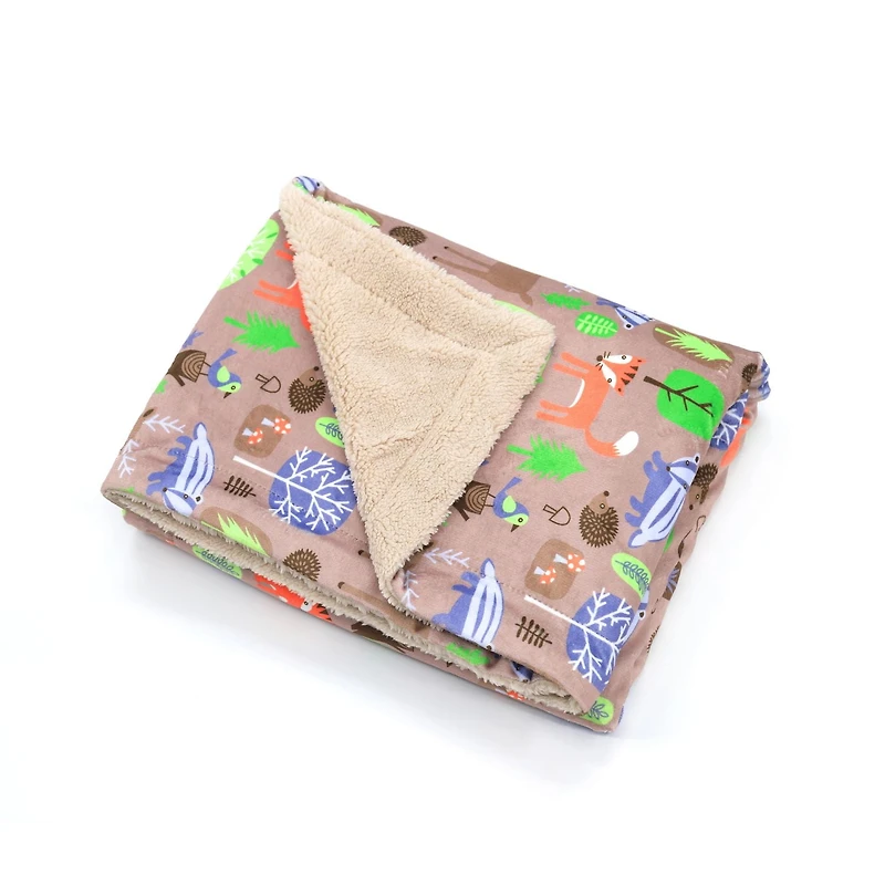 Marina Decoration Reversible Rich Printed Woven Fluffy Plush Soft Warm Flannel Fleece Children Throw Sherpa Kids Blanket, 40 x 50 Inch Fox Forest With Taupe Base Pattern