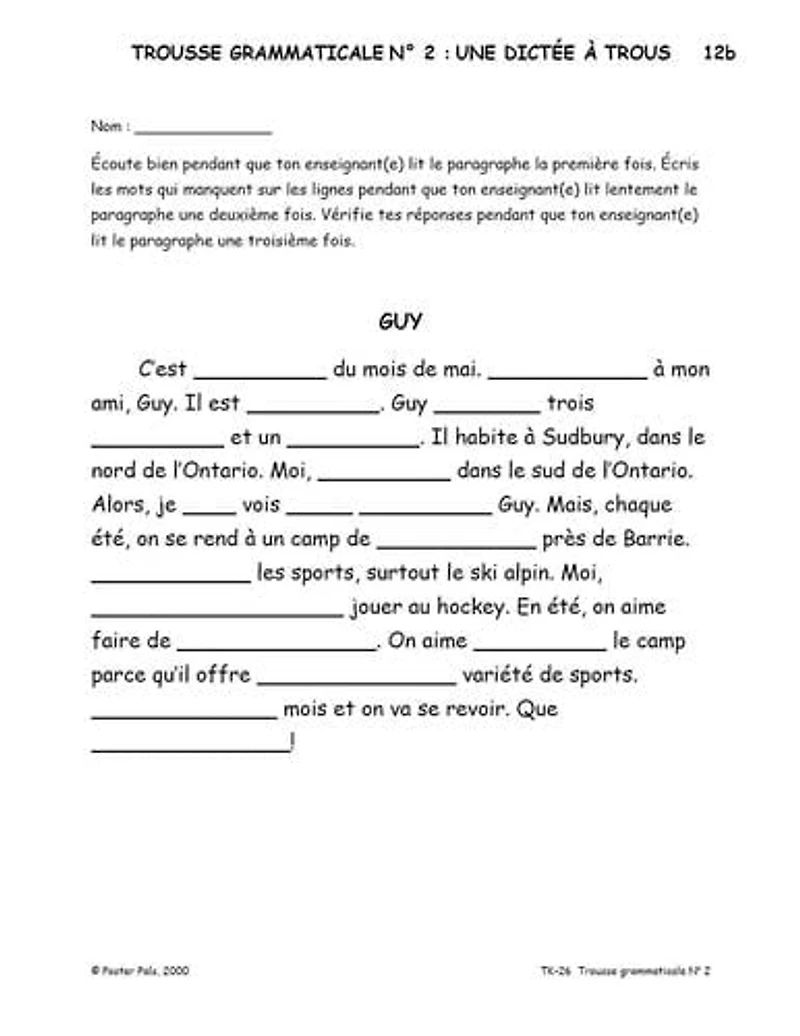 French Reproducible Teaching Activities for the FSL Classroom -trousse grammaticale - No2