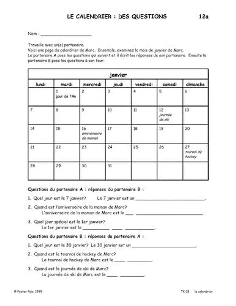 Trousse d'activités Reproductibles pour la classe de FLS - le calendrier