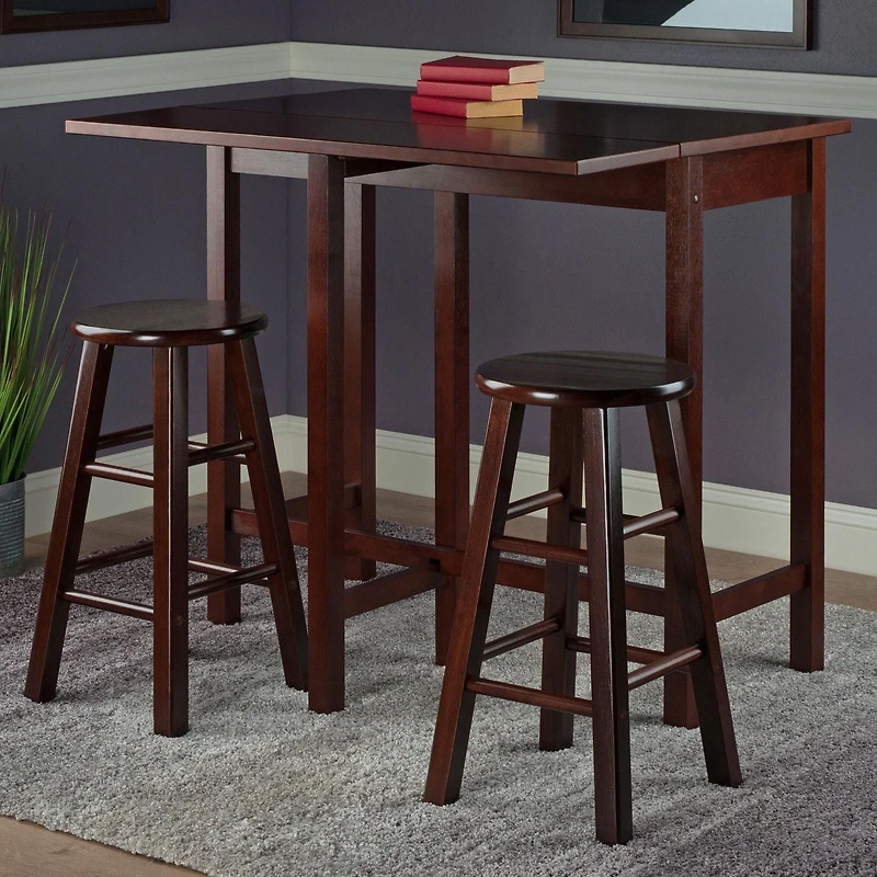 Table ilot Lynnwood à abattant avec 2 tabourets à pieds carrés en noyer