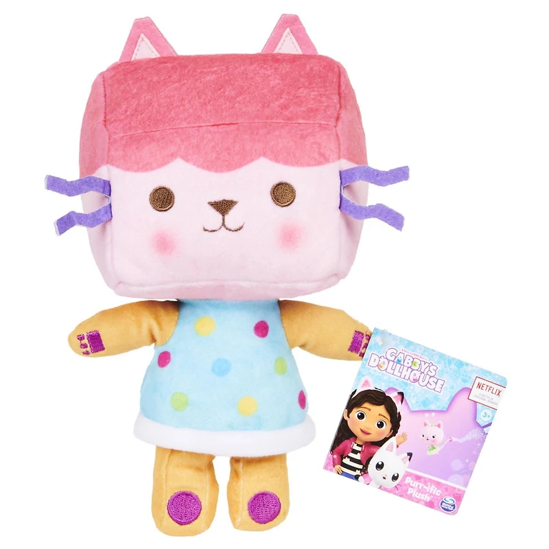 Gabby’s Dollhouse, Peluche Purr-ific Plush Baby Box Cat de 20,3 cm, jouets pour enfants à partir de 3 ans