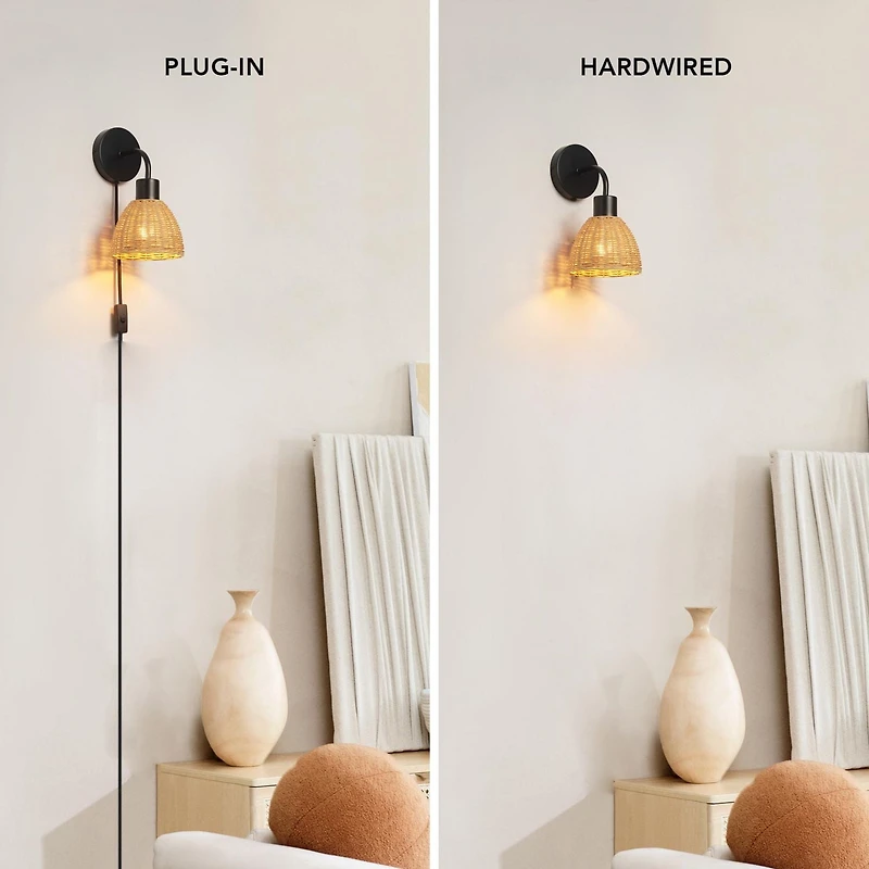 Briar 1-Light Matte Black Plug-In or Hardwire Wall Sconce with Rattan Shade, 91004447