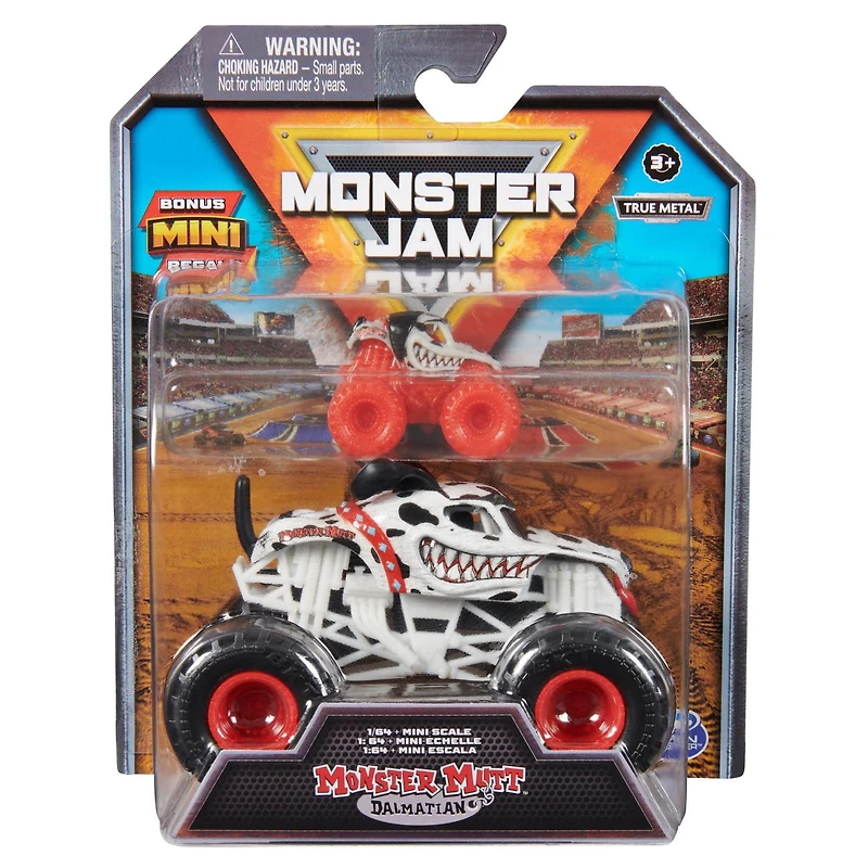 Monster Jam, Monster truck officiel en métal moulé Dalmatian, échelle 1:64, avec mini-véhicule collector à l'échelle 1:87 en cadeau, jouets pour filles et garçons à partir de 3 ans
