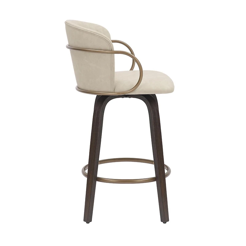 Tabouret de Comptoir, 26 po, avec Siège Pivotant, Jeu de 2 Milieu du Siècle en Similicuir et Bois et Métal - Ivoire et Brun et Or Vieilli