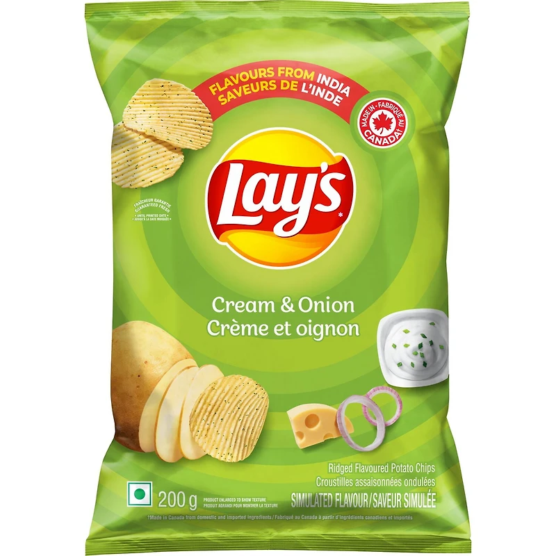 Lay’s croustilles assaisonnées ondulées Crème et oignon 200 g.