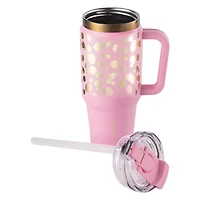 Gobelet Thyme & Table de 940 ml avec poignée, couvercle à double paille, double paroi isotherme en acier inoxydable, pois rose et doré