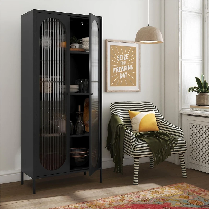 Mr. Kate Luna Tall 2-Door Accent Cabinet with Fluted Glass, Black