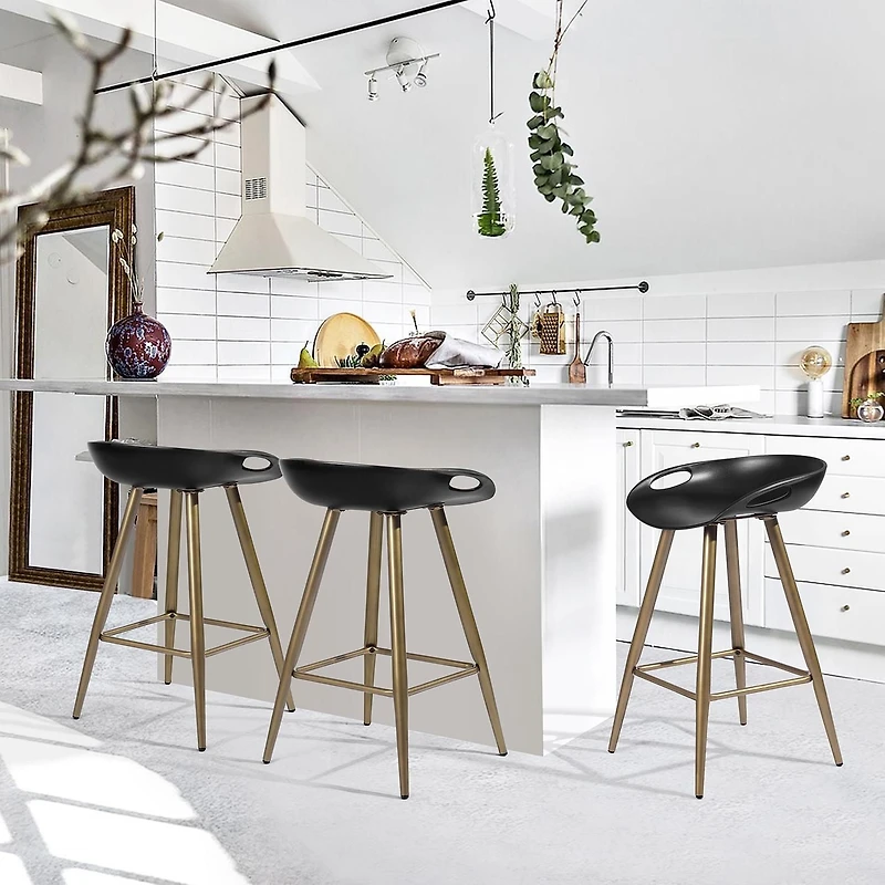 Lot de 2 tabourets de bar modernes, tabourets de bar à hauteur de comptoir avec pieds dorés et repose-pieds, chaises de bar sans accoudoirs pour îlot de cuisine, bureau à domicile, noir