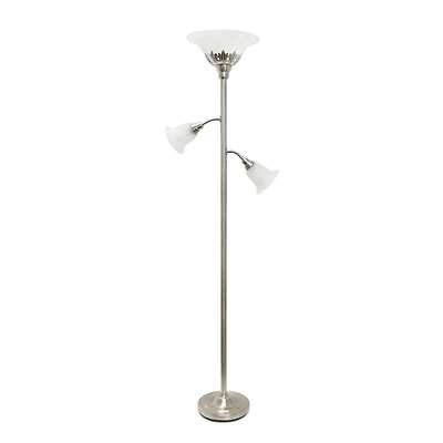 Lampe de sol élégante 3 lumières avec abat-jour en verre festonné, nickel brossé