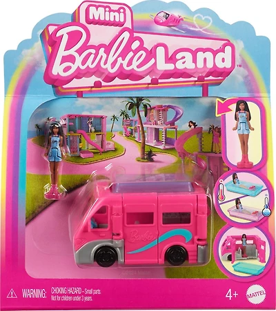 Coffret poupée et véhicule jouet ​Mini BarbieLand Barbie, poupée Barbie de 3,81 cm (1,5 po) et Autocaravane de rêve avec portes qui s’ouvrent vraiment et piscine à changement de couleur