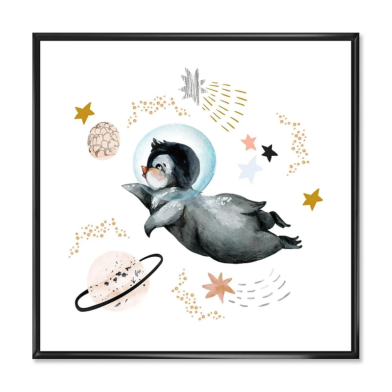 Designart Little Penguin Flying Stars and Planets II FLOAT FRAME WALL ART