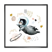Designart Little Penguin Flying Stars and Planets II FLOAT FRAME WALL ART