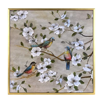 Crystal Art Gallery 23x23 Framed Picture Frame Wall Art Canvas Print, Three Birds & White Floral Branches, Gold Farmhouse Frame