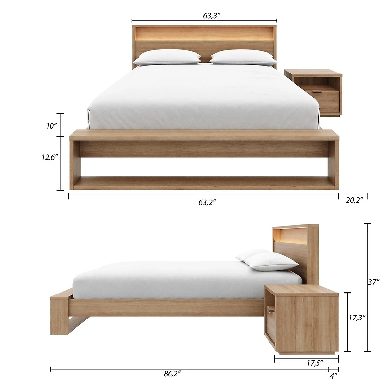 Ensemble de chambre à coucher Gael 3 pièces avec lit queen size, sommier à lattes, tête de lit avec éclairage intégré et table de chevet