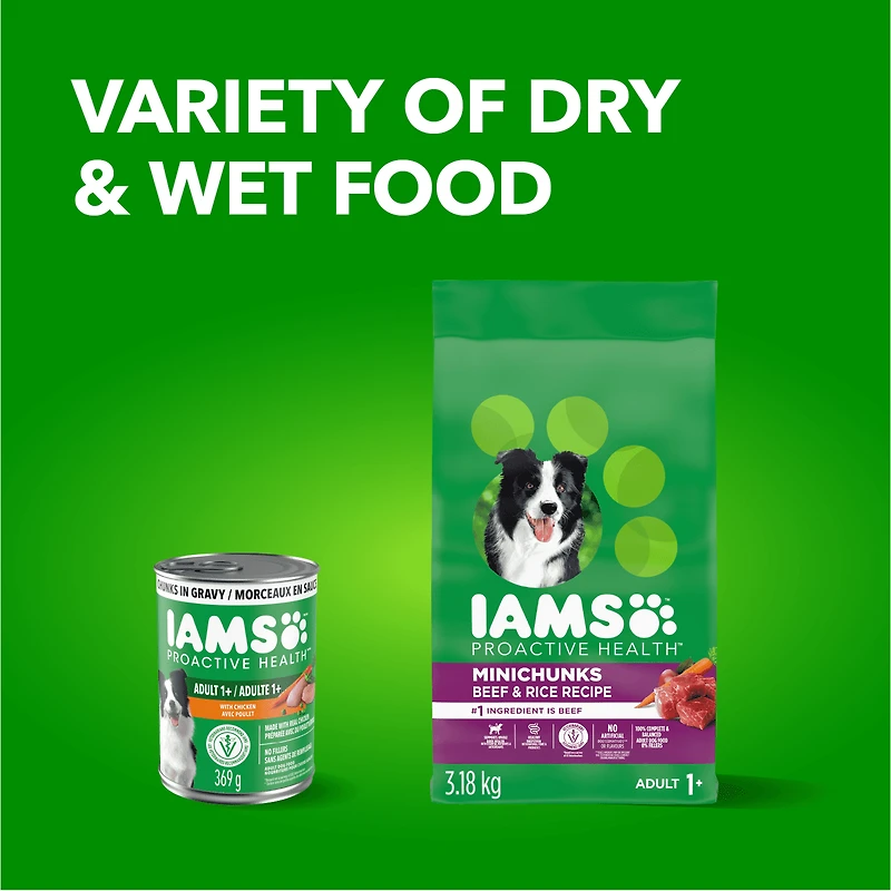 Nourriture humide pour chiens adultes Iams Proactive Health avec poulet et riz entier, hachis classique