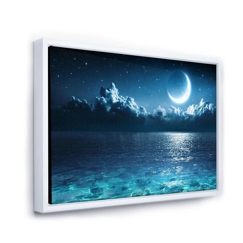 Designart Romantic Moon Over Deep Blue Sea I FLOAT FRAME WALL ART
