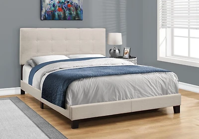 Monarch Specialties Bed, Queen Size, Platform, Bedroom, Frame, Upholstered, Linen Look, Wood Legs, Beige, Black, Transitional