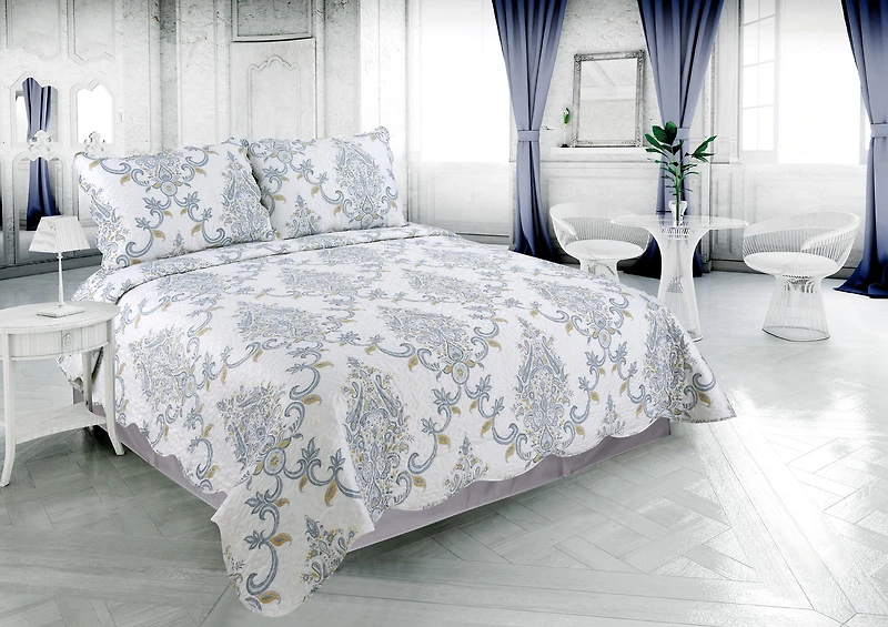 Marina Decoration Couvre-lit imprimé riche, couvre-lit ultra doux, parure de lit d'été avec taie d'oreiller matelassée, motif cachemire bleu jaune classique