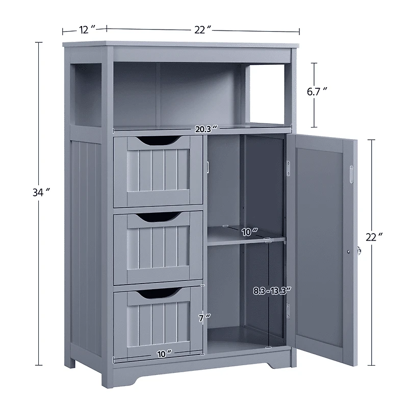 Fullfurnique Armoire de Salle de Bains avec 1 Porte et 3 Tiroirs, Gris
