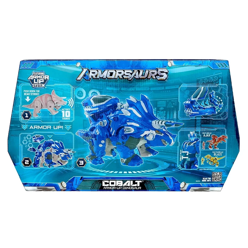 Armorsaurs Armor-Up Triceratops Dinosaur Cobalt Toy Figure with 7 Removable Armor Pieces, Tail-Triggered Chomp, Pilot Pod Compatible, Kids, Boys, Girls, Ages 6+
