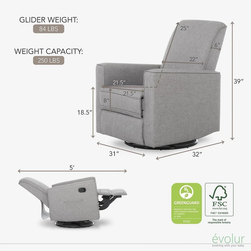 Planeur, inclinable et bascule Evolur Harlow Deluxe avec port de chargement USB