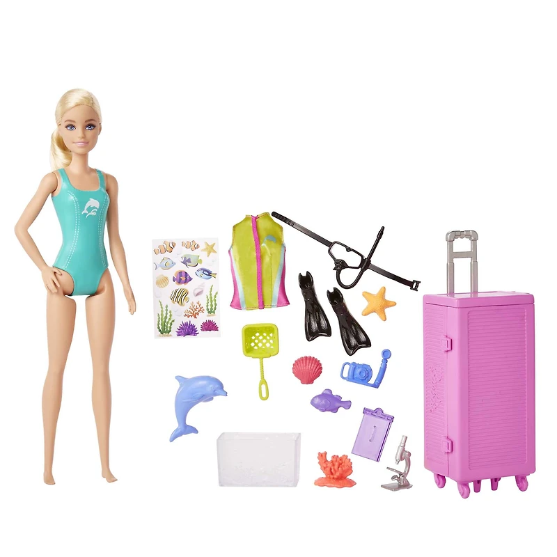 ​Barbie Dolls & Accessories, Marine Biologist Doll (Blonde) & Mobile Lab Playset with 10+ Pieces, Case Opens for Storage & Travel, Ages 3+