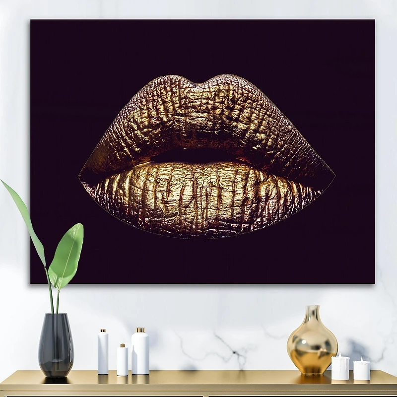 Designart Lèvres féminines métallisées dorées sexy II Art mural sur toile