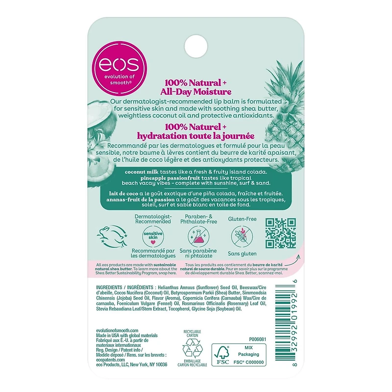 Baumes labiaux eos 100 % naturels en bâton – paquet de 2 eos de 4 g ananas-fruit de la passion et lait de coco, hydratation tout au long de la journée Paquet de 2 Baton (8g)