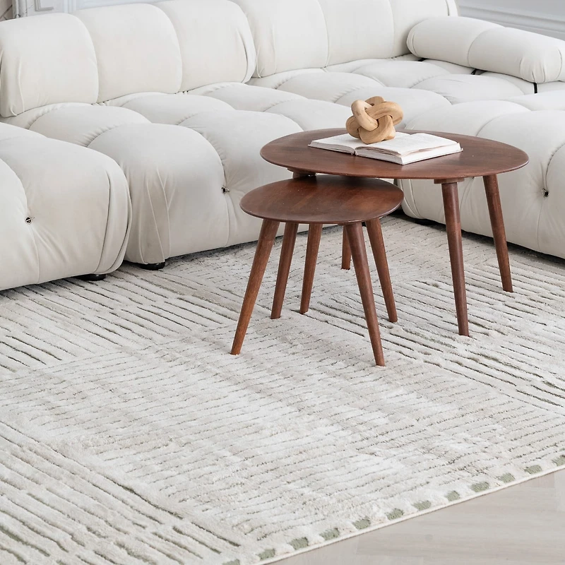 Tapis d'interieur abstrait Rug Branch Domus, vert creme, moderne - Salon, chambre, salle a manger et cuisine