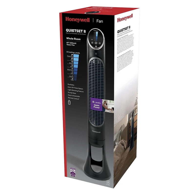 Ventilateur tour QuietSetMD HYF290BC Honeywell – Pièce entière, 40 po, 8 vitesses, Noir