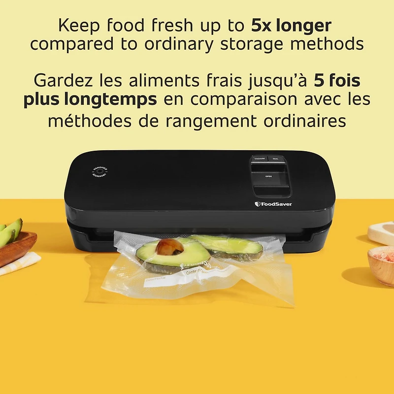 FoodSaver Compact Vacuum Sealer, Space-Saving Food Preservation System, Includes 2 Quart-Size Bags (946 mL)