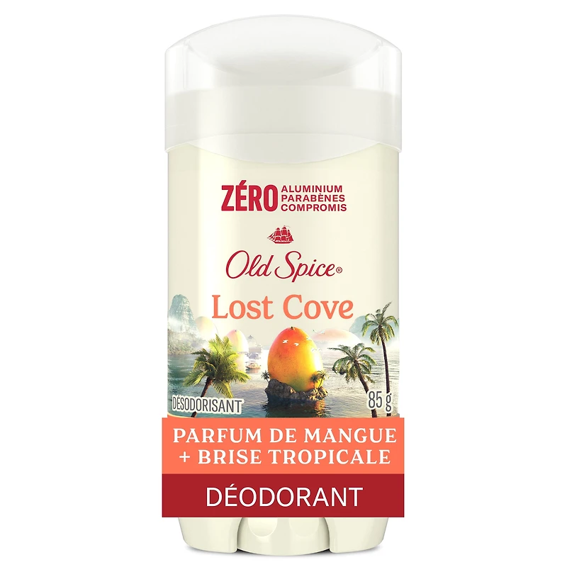 Désodorisant Old Spice pour hommes, Lost Cove, parfum de mangue et brise tropicale, fraîcheur durable 24/7, sans aluminium, 85 g