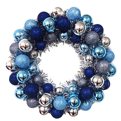 16 in Holiday Time Blue & Silver Round Ball Christmas Tinsel Wreath, HOLIDAY TIME PL 16`` CMAS BLUE WRTH