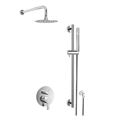 L'ensemble de robinet de couche akuaplus® ELITE avec cartouche à pression balancée et inverseur 2 voies plus 1, Un sytème de barre murale réglable avec douchette et pommeau avec raccord en laiton.