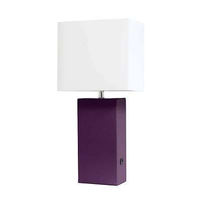 Lampe de table design moderne en cuir élégant avec abat-jour USB et tissu blanc