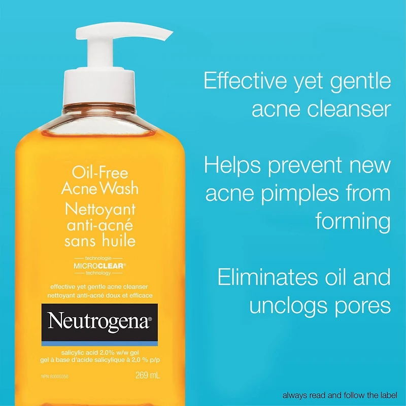 Neutrogena Oil-Free Acne Wash, Facial Cleanser with 2% Salicylic Acid Acne Treatment, Daily Oil-Free Acne Face Wash for Acne-Prone Skin with Salicylic Acid, 269 mL