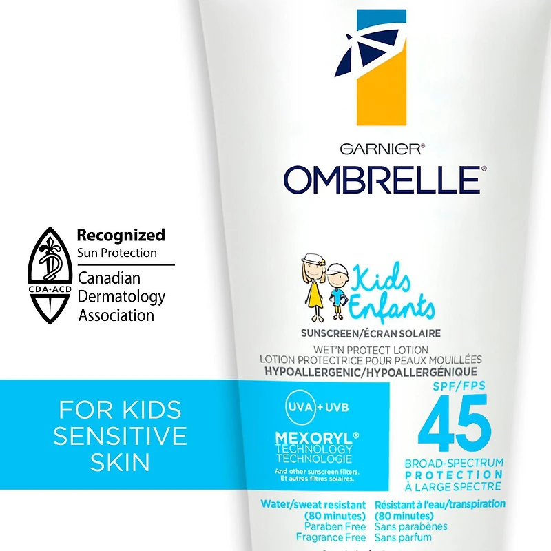 Garnier Ombrelle Écran solaire pour enfants FPS 45, formulé pour les peaux sensibles, non comédogène, hypoallergénique, sans parfum, haute protection à large spectre UVA/UVB, résistant à l'eau, 200 ml Écran solaire