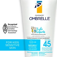 Garnier Ombrelle Écran solaire pour enfants FPS 45, formulé pour les peaux sensibles, non comédogène, hypoallergénique, sans parfum, haute protection à large spectre UVA/UVB, résistant à l'eau, 200 ml Écran solaire