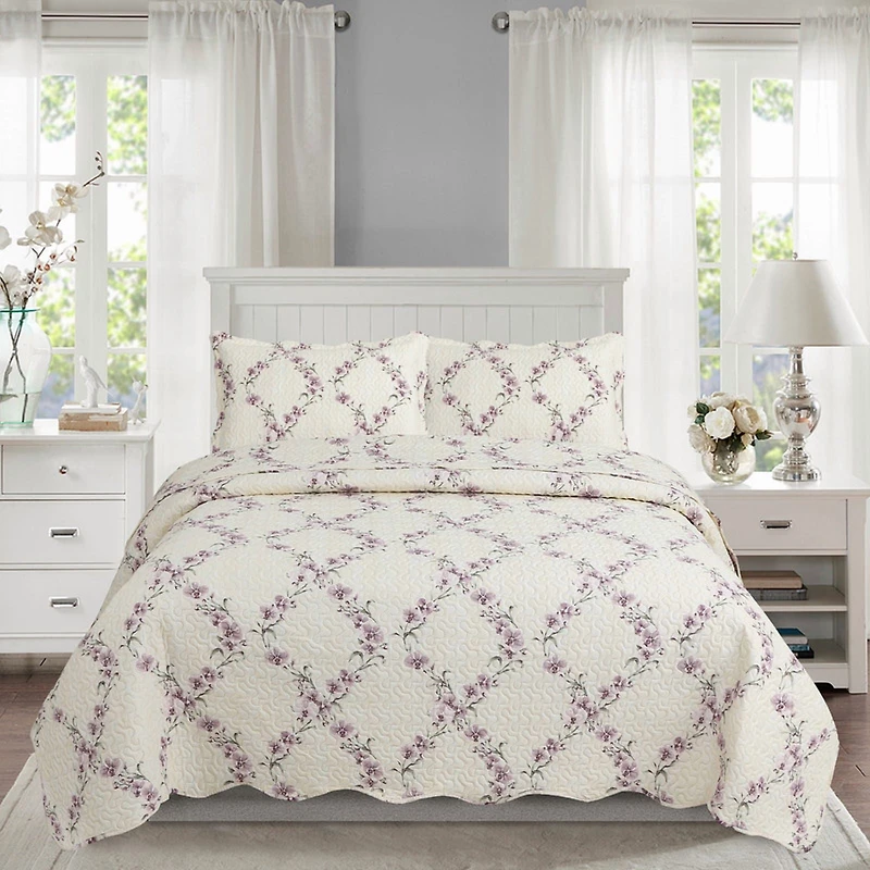 Marina Decoration Rich Printed Embossed Pinsonic Coverlet Bedspread Ultra Soft Home Bedding 3 Piece Summer Quilt Set with 2 Embossed Shams, Purple Orchid Cream Pattern King Size