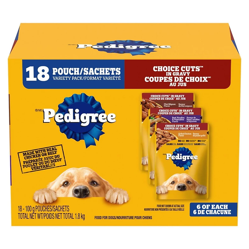 Pedigree Adult Wet Dog Food Choice Cuts in Gravy Filet Mignon, Beef Noodle & Vegetable, Grilled Chicken Flavour Pouch Variety Pack, 18x100g