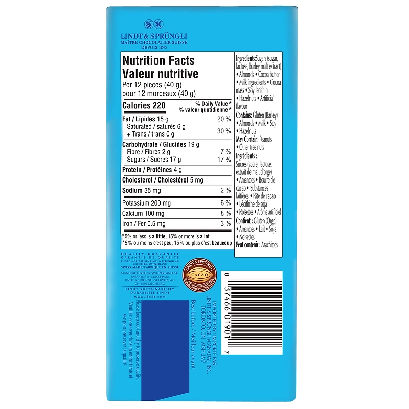 Lindt SWISS CLASSIC Almond Milk Chocolate Bar, 100 Grams