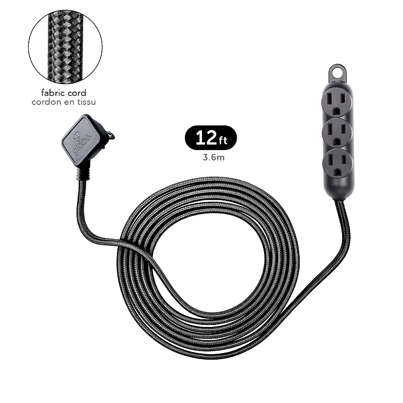 Globe Electric 12 ft. 3-Outlet 16/3 Black Fabric Extension Cord with Right-Angle Plug and Integrated Hanging Hook