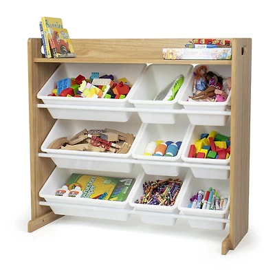 Humble Crew Journey Toy Storage Organizer with Shelf and 9 Storage Bins, Natural Wood/White