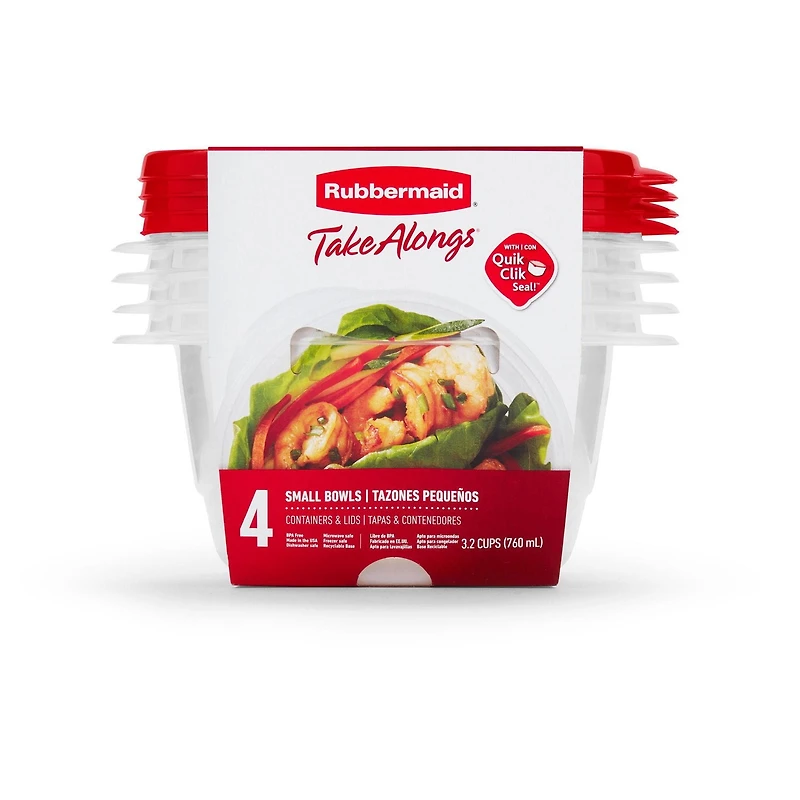 Contenants pour la conservation des aliments, petits bols Rubbermaid TakeAlongs à emporter, 760 ml (3,2 tasses), couvercles rouges Paq. de 4