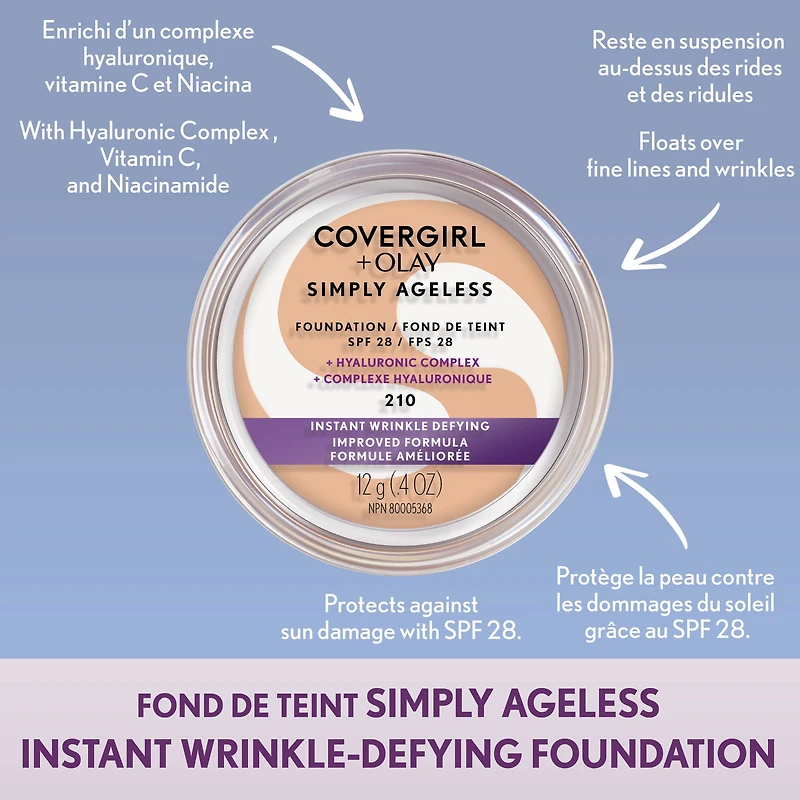 COVERGIRL Fond de teint Simply Ageless Instant Wrinkle Defying avec complexe hyaluronique, vitamine C et niacinamide - SPF 28, 100% sans cruauté